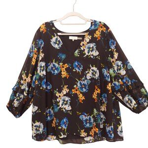 Calvin Klien Blouse Womens 1X black colorful floral flowy Boho Business Casual
